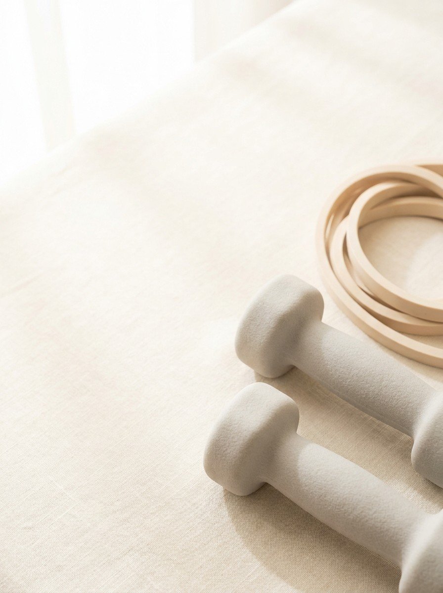 A pair of small light-gray hand dumbbells and a coiled pale resistance band at the lower-right of a cream linen table, the upper-left left empty in soft window light.