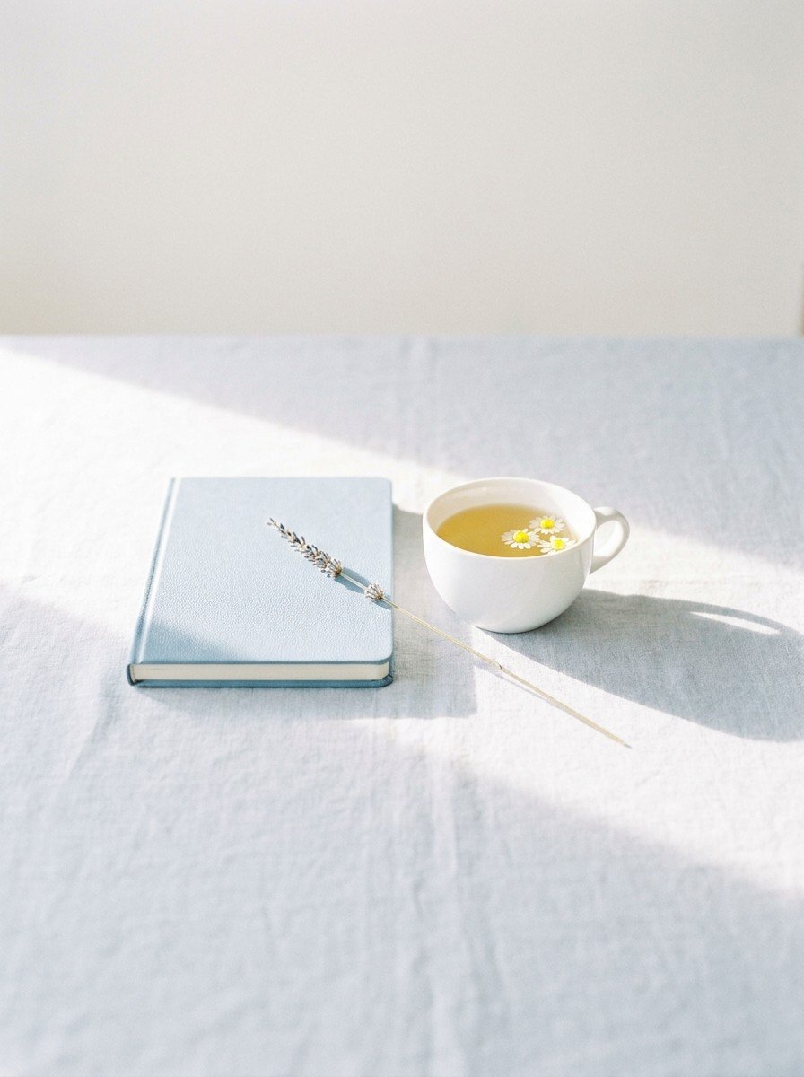 A closed pale-blue notebook, a white cup of chamomile tea and a lavender stem clustered in the middle of pale linen with window shadow