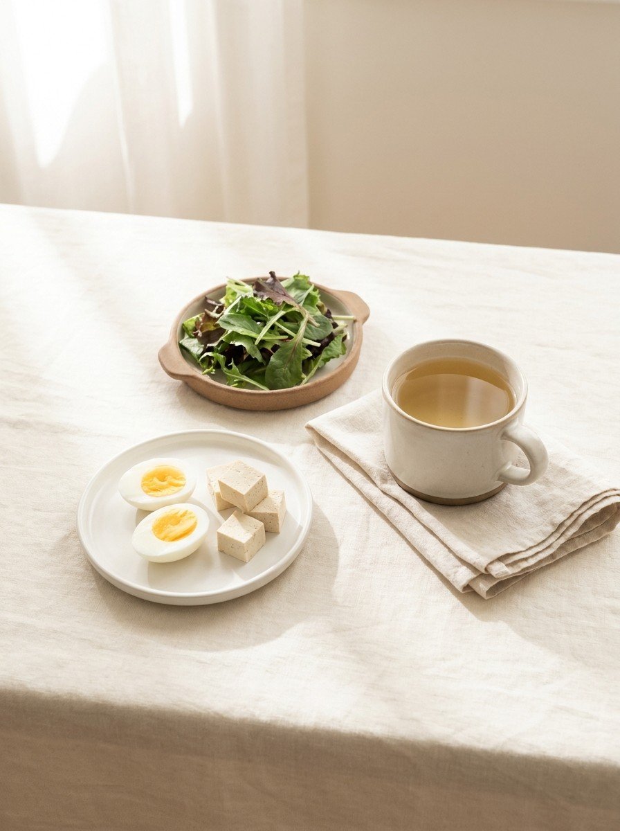 A small white plate with boiled eggs and tofu cubes, a dish of leafy greens, and a cup of pale tea on cream linen in soft morning light.