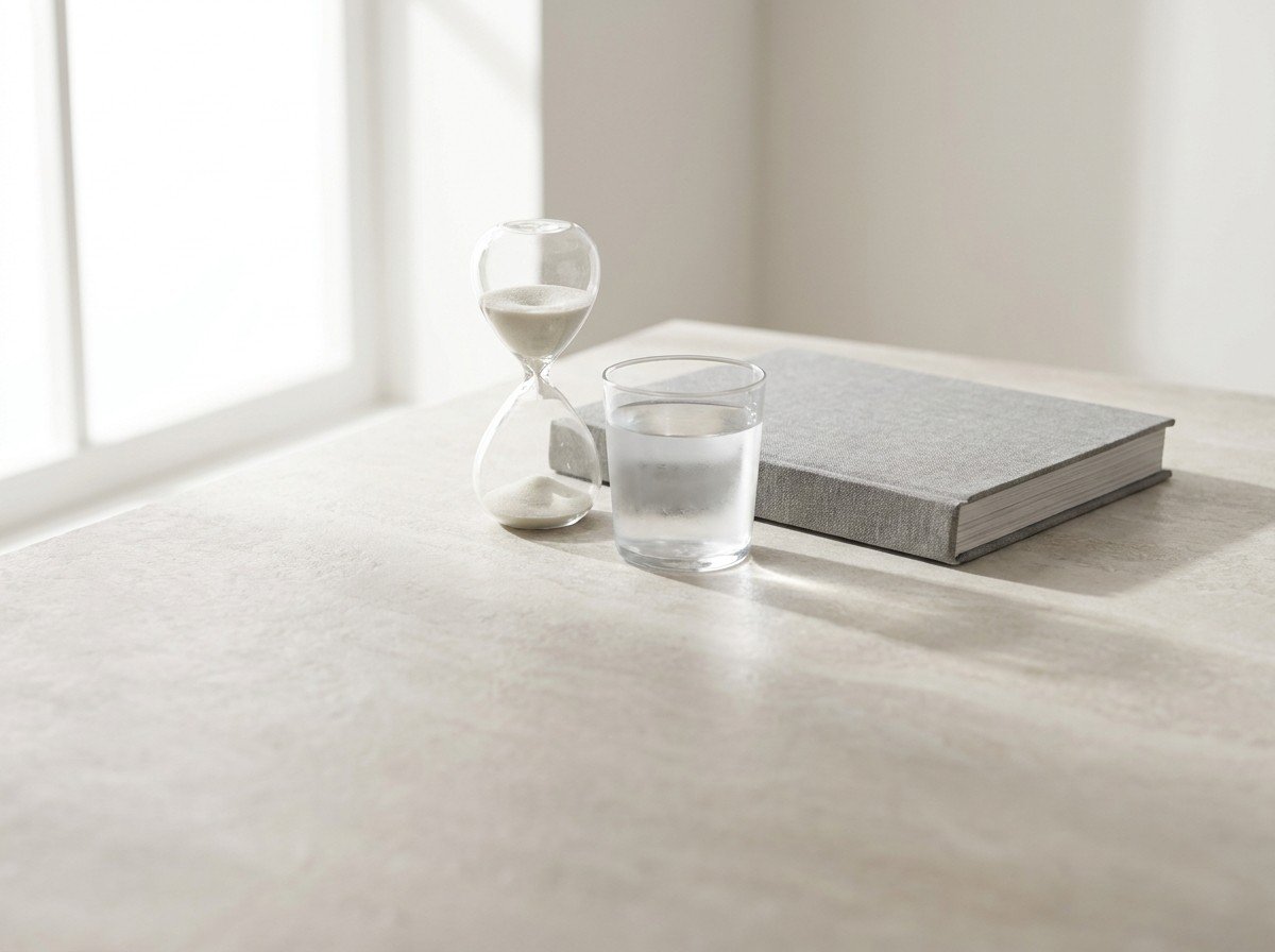 A small glass hourglass with pale sand, a glass of cold water and a closed gray linen-bound book clustered in the middle of a pale stone surface by a window
