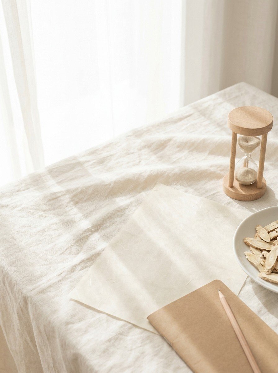 A wooden hourglass, a plain kraft notebook with a pencil and a white porcelain dish of dried astragalus slices on cream linen and hanji paper, upper left of the frame left empty