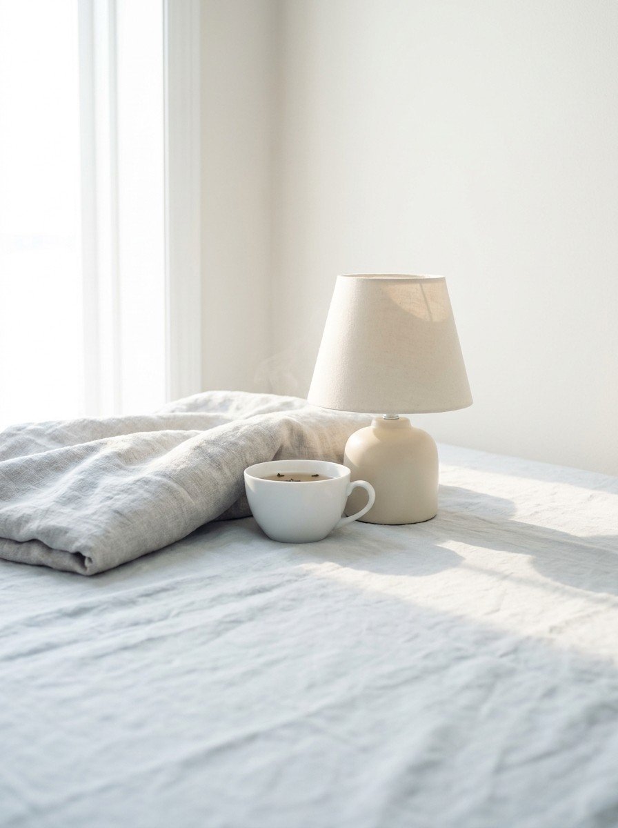 A switched-off ceramic bedside lamp, the folded corner of a linen blanket and a white cup of tea clustered in the middle of pale linen with window shadow