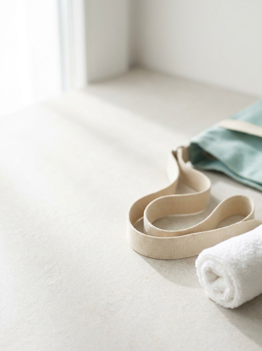 A coiled canvas shoulder bag strap and a rolled white towel at the lower right of pale stone, upper left of the frame left empty
