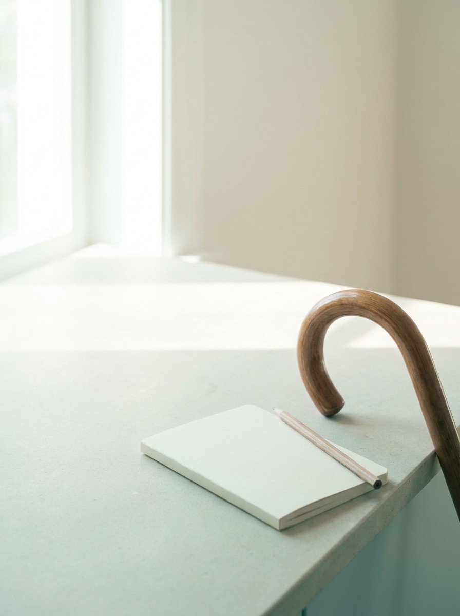 A closed notebook with a pencil beside the curved wooden handle of a walking cane on pale stone, upper left of the frame left empty