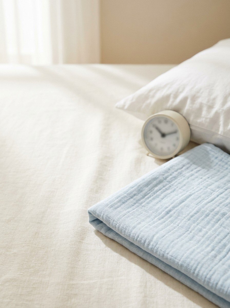 The corner of a white pillow, a small cream alarm clock and a folded pale blue child's blanket on cream linen, upper left of the frame left empty