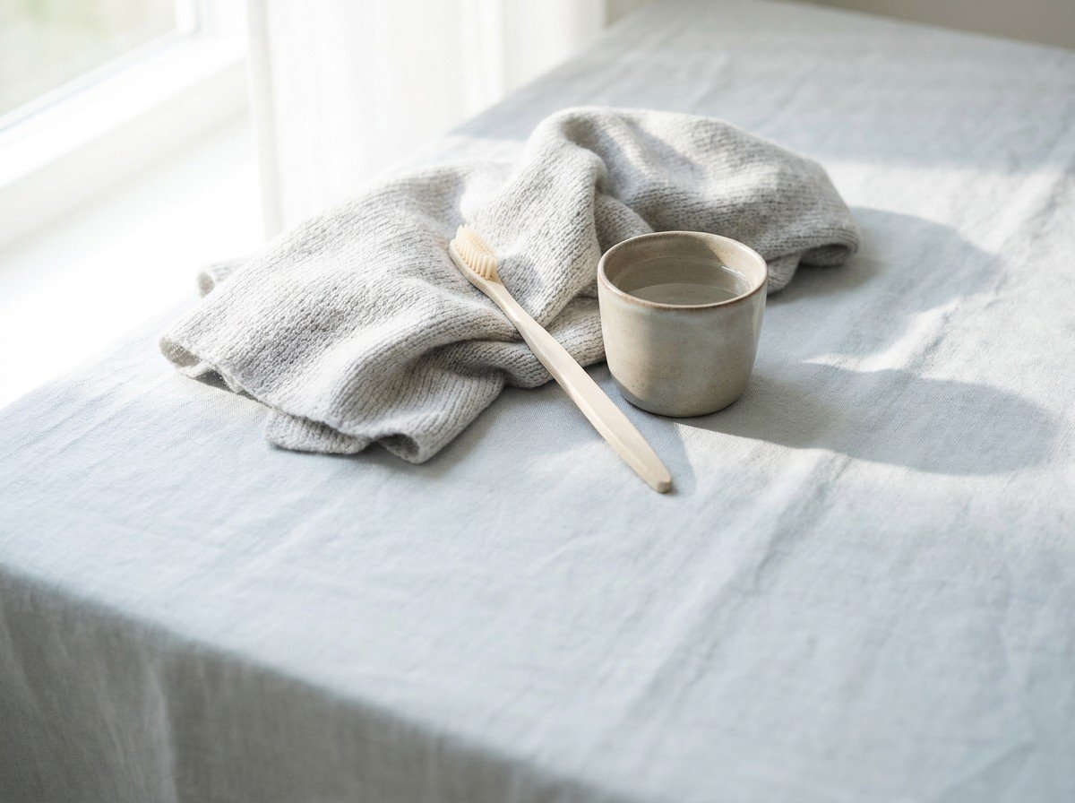 A light gray knit scarf, a soft wooden toothbrush and a ceramic cup of lukewarm water on pale blue-gray linen, lower third empty