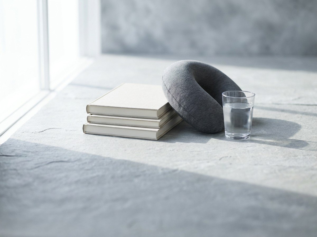 A short stack of plain linen hardcover books, a gray neck pillow leaning on them and a glass of cold water on light slate stone, lower third empty