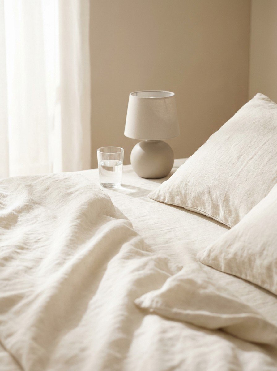The corner of a linen pillow and rumpled sheet, a switched-off ceramic bedside lamp, and a glass of water in soft morning light.