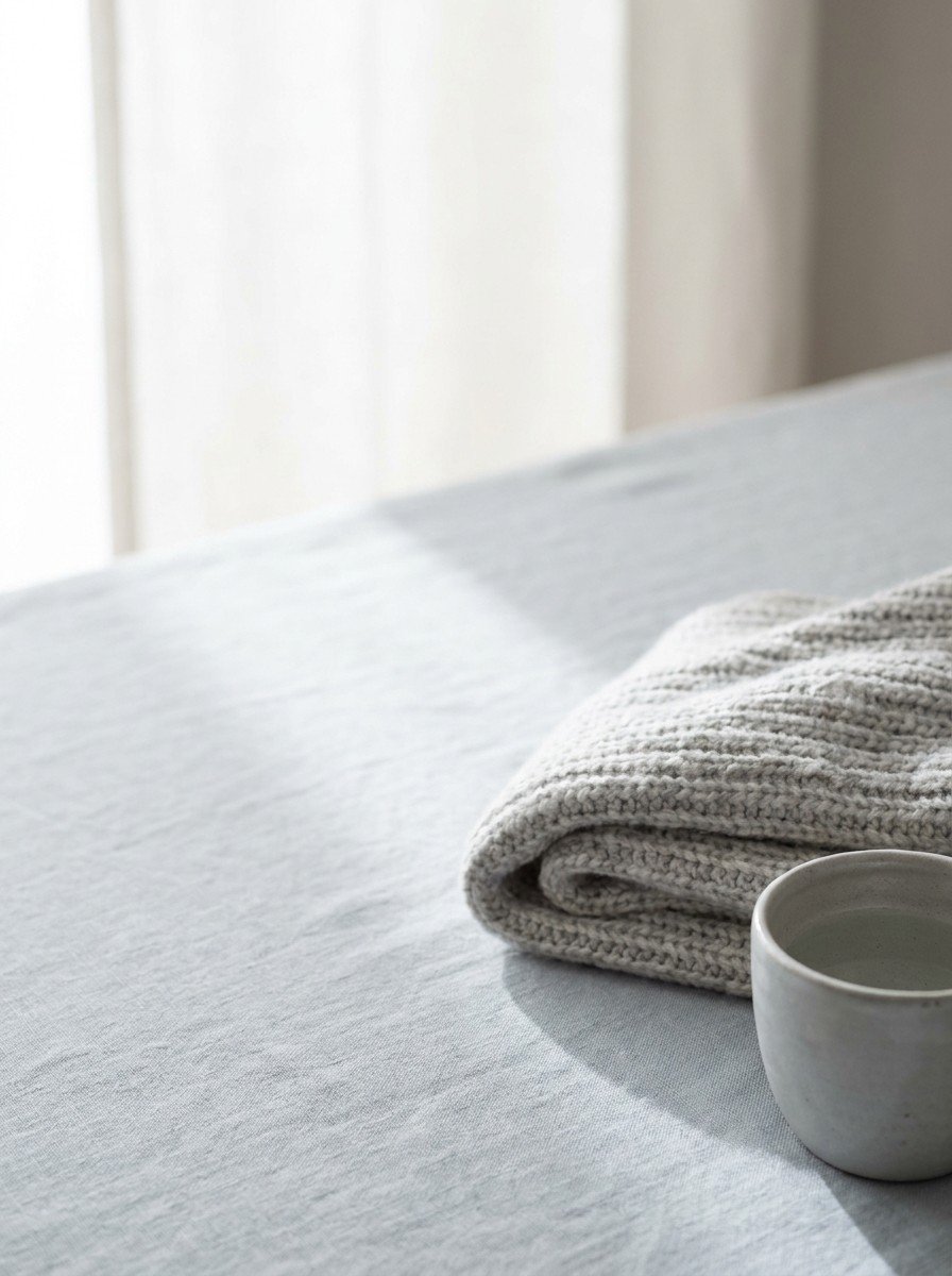 A light gray knit scarf and a ceramic cup of lukewarm water in the lower right of pale blue-gray linen, upper left empty