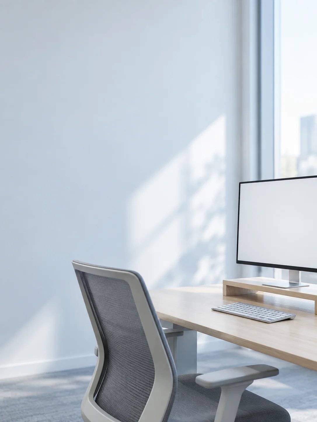 A blank raised monitor, keyboard and empty ergonomic chair at the lower right of a bright workstation