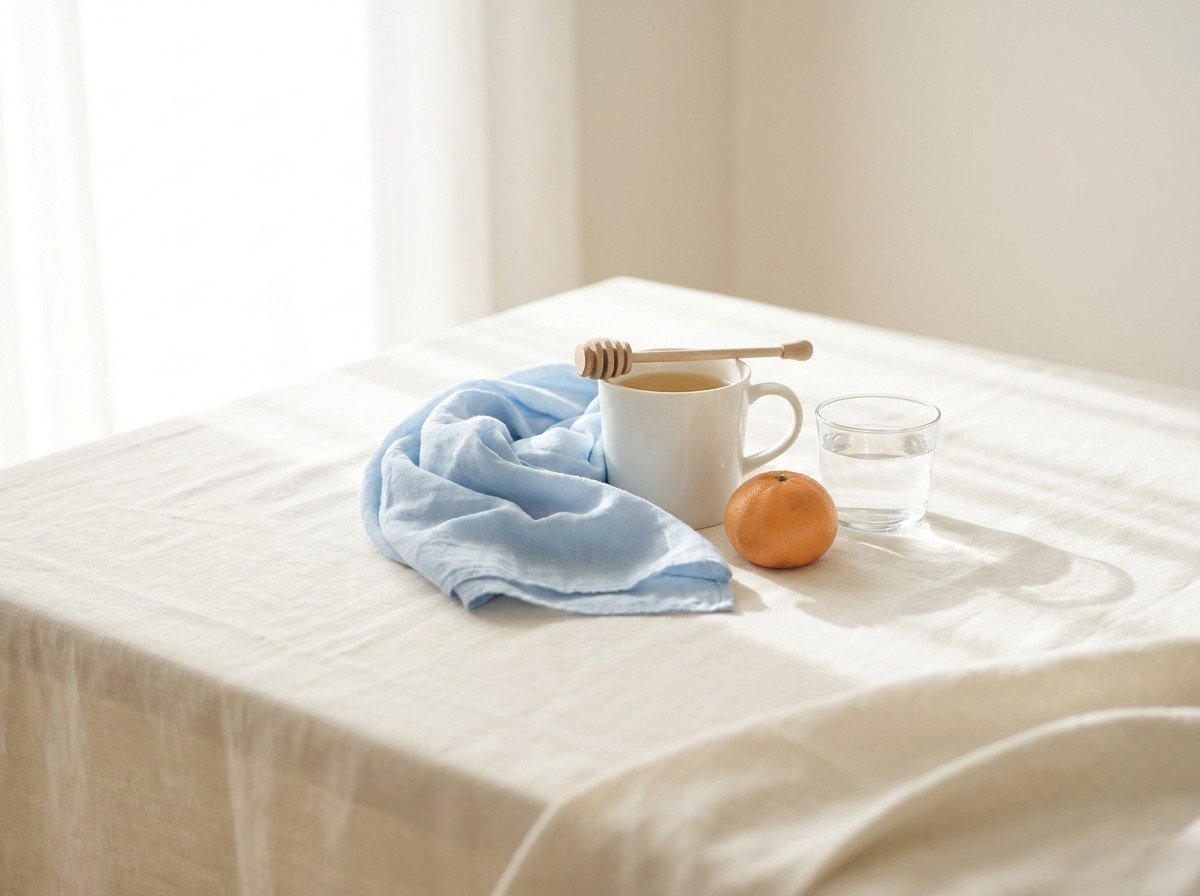 A white mug of warm tea with a wooden honey dipper, a folded pale blue cotton scarf, a glass of water and a tangerine grouped on cream linen in soft window light