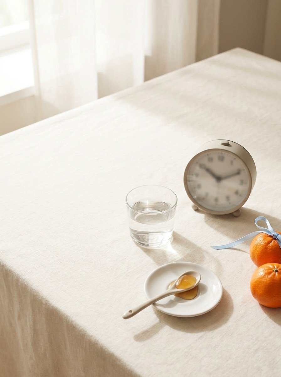 A glass of water, a small alarm clock, a spoon of honey on a white saucer and two tangerines on cream linen, upper left of the frame left empty