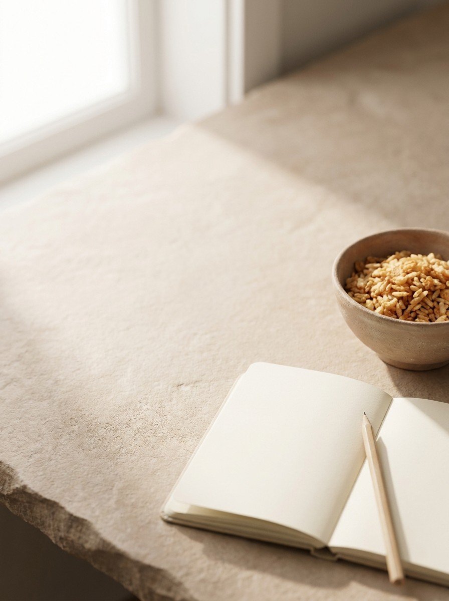 An open blank notebook with a pencil and a clay bowl of scorched rice in the lower right of clay-beige stone, upper left empty