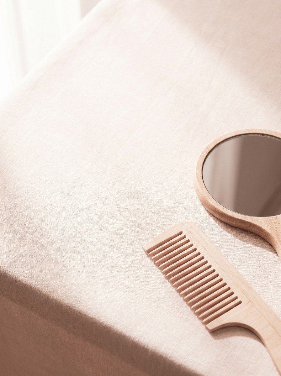 A wooden wide-tooth comb and a small round hand mirror in the lower right of cream-rose linen, upper left empty