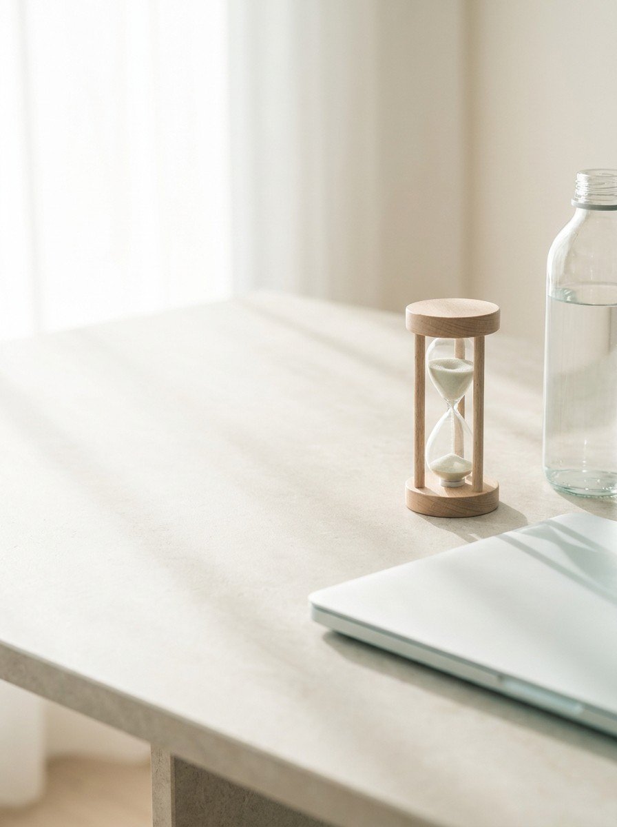 A small wooden hourglass and a clear water bottle beside the corner of a closed laptop on a pale stone desk, upper left of the frame left empty