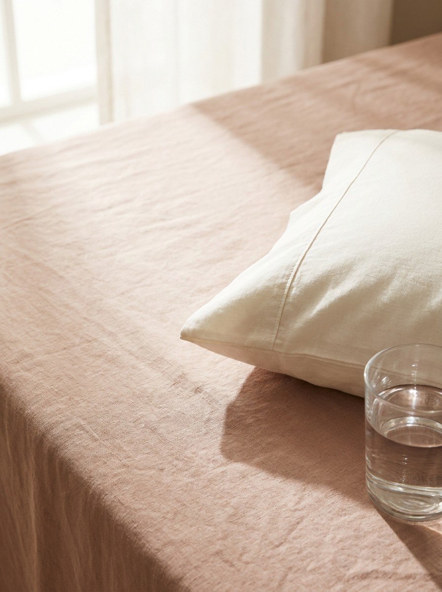A folded white cotton pillowcase and a glass of water in the lower right of rose-beige linen, upper left empty