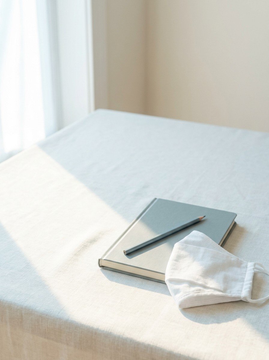 A plain gray notebook with a pencil and a folded white cotton mask on pale linen, upper left of the frame left empty