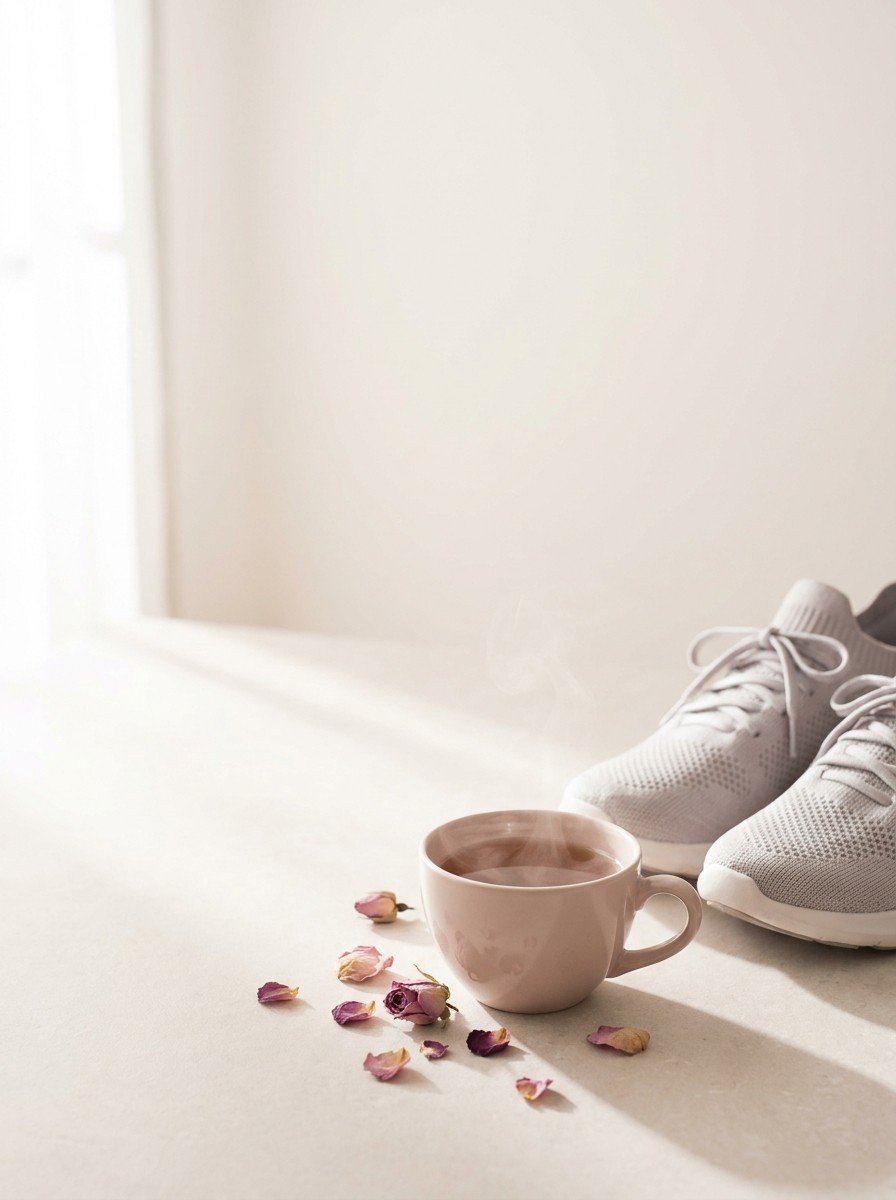 A pair of gray walking sneakers and a cup of warm herbal tea with dried rose petals at the lower right of a pale stone surface, upper left of the frame left empty