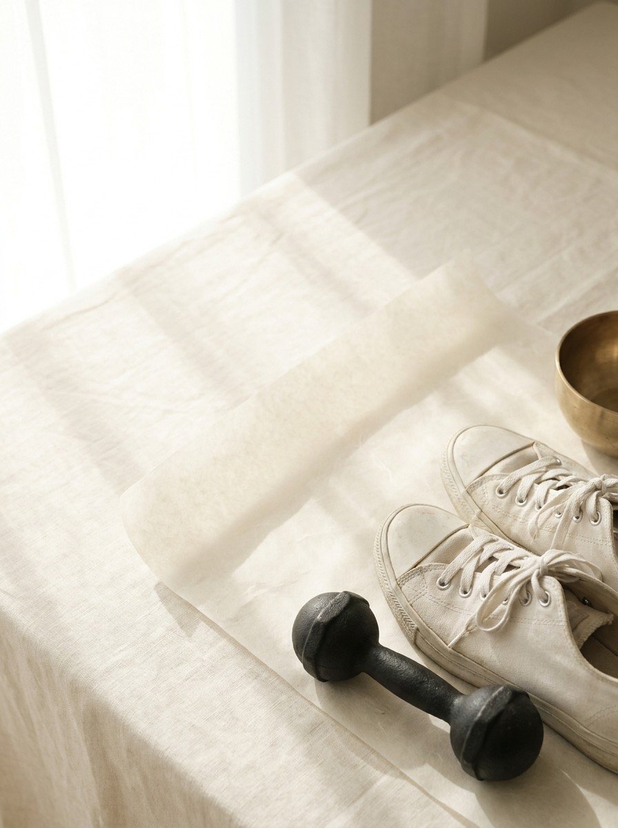 A small black iron dumbbell, a pair of white canvas sneakers and the edge of a brass bowl on cream linen and hanji paper, upper left of the frame left empty
