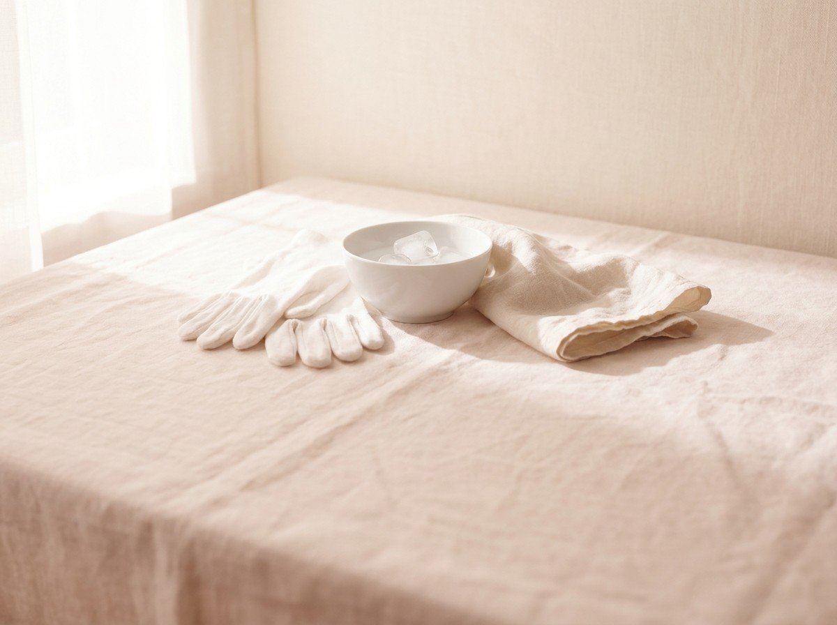 A pair of soft white cotton gloves, a small porcelain bowl with a few ice cubes and a folded damp linen cloth clustered on cream-rose linen, lower third empty