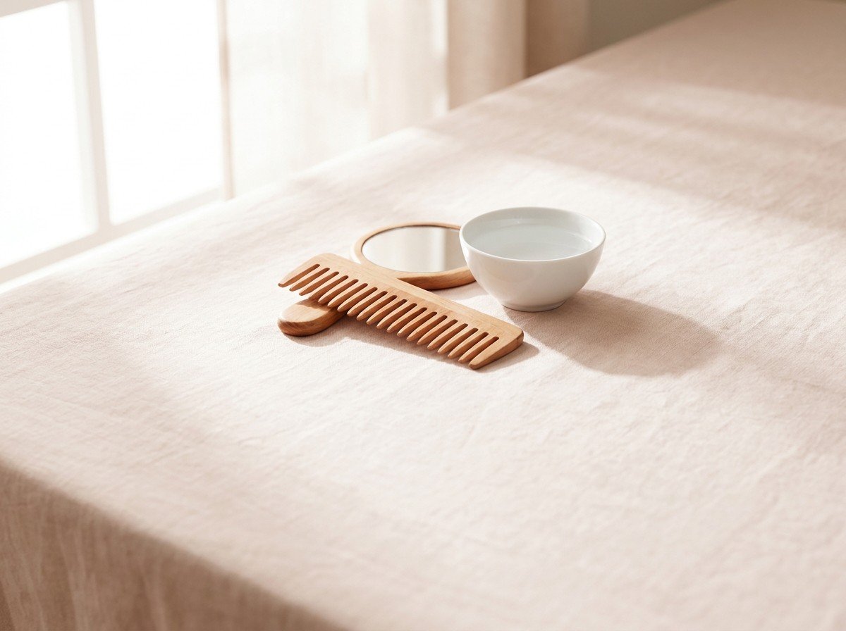 A wooden wide-tooth comb, a small round hand mirror lying face down and a small white porcelain bowl of water clustered on cream-rose linen, lower third empty