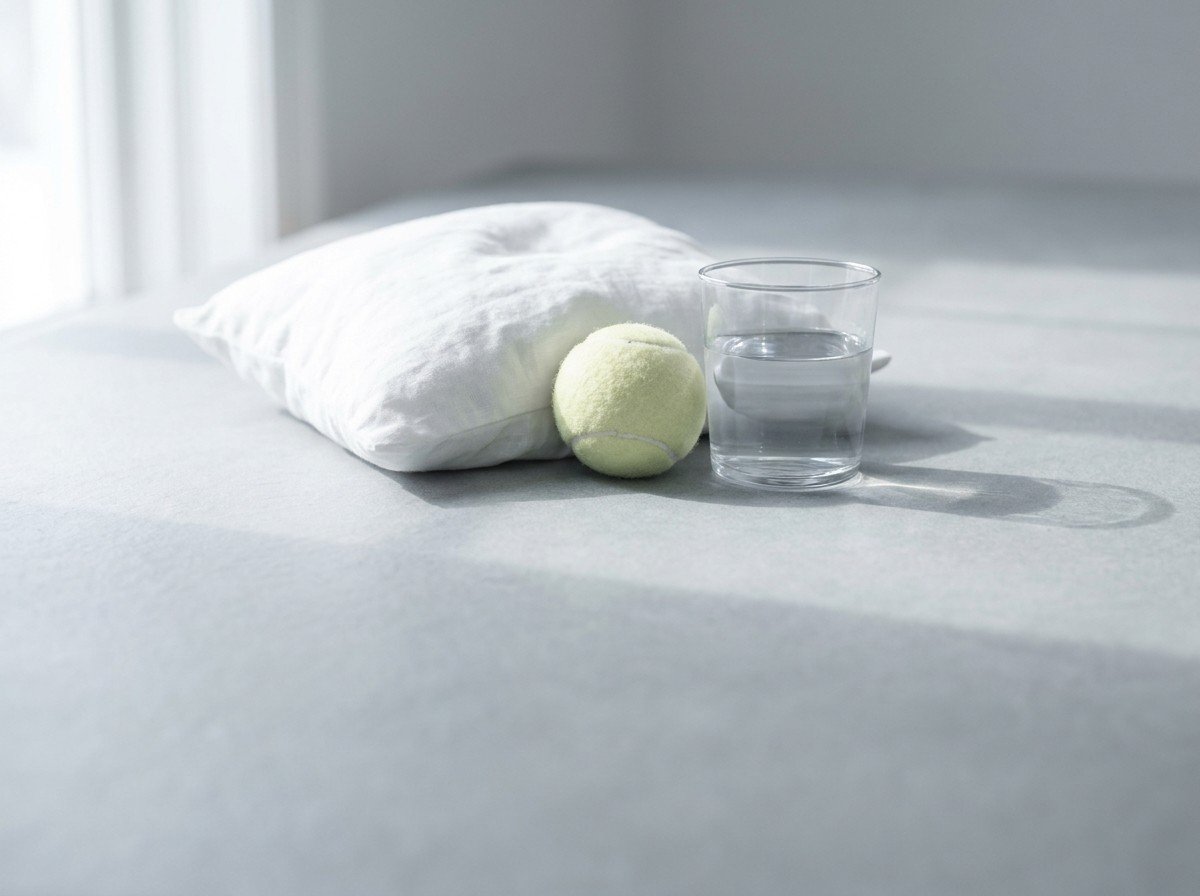 The corner of a white linen pillow with a pale tennis ball resting against it and a glass of water on light slate stone, lower third empty