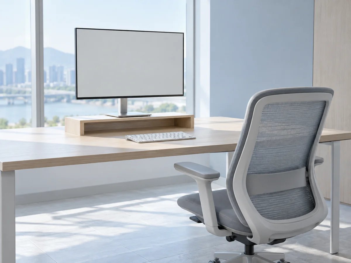 A blank eye-level monitor on a pale wooden riser with a keyboard and empty ergonomic chair