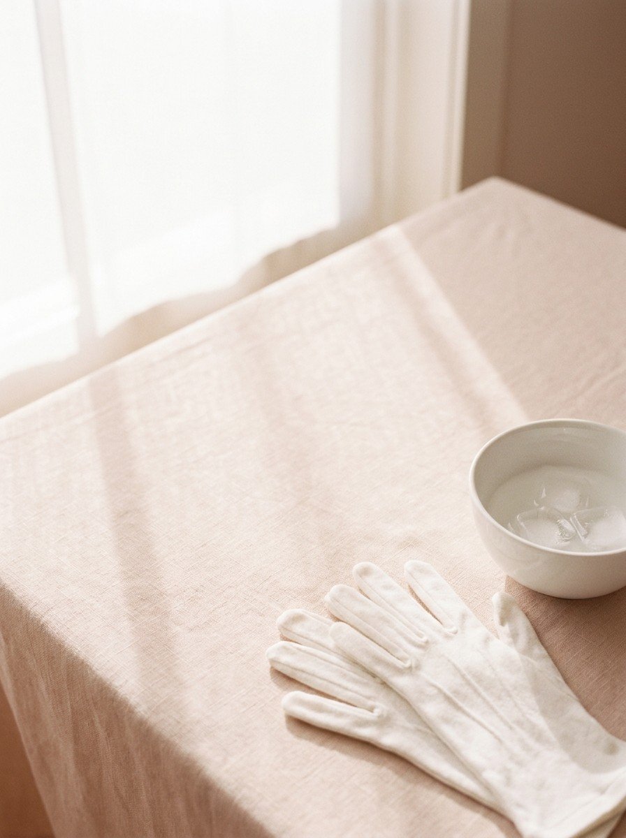 A pair of soft white cotton gloves and a small porcelain bowl of ice cubes in the lower right of cream-rose linen, upper left empty