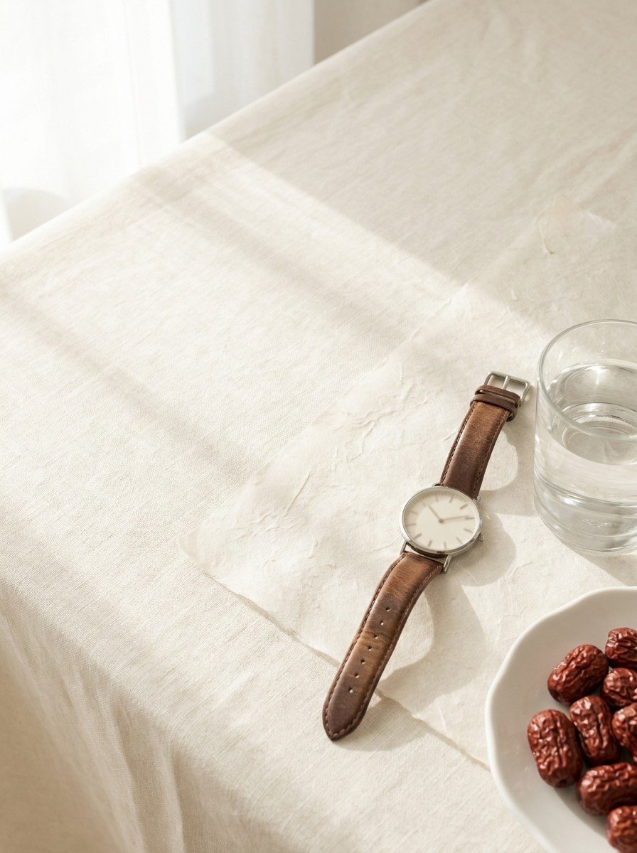 A men's leather-strap wristwatch, a glass of water and a white porcelain dish of dried jujubes on cream linen and hanji paper, upper left of the frame left empty