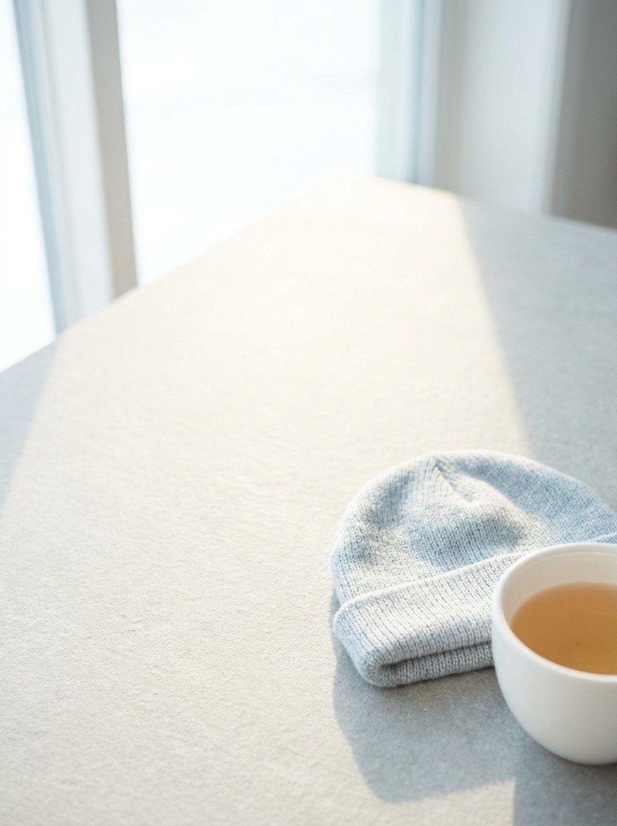 A pale gray-blue knitted child's beanie and a white cup of barley tea in the lower right of light slate stone, upper left empty