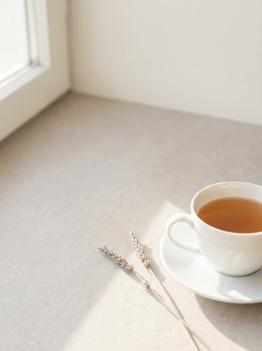 A white cup of warm tea on a saucer and two dried lavender stems in the lower right of a pale stone surface, upper left empty