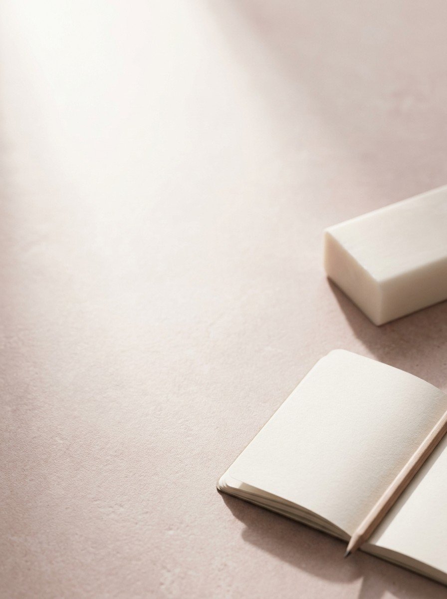 A plain white soap bar and an open blank notebook with a pencil in the lower right of pale rose stone, upper left empty