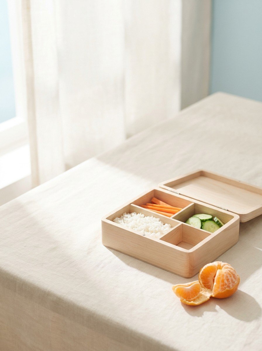 An open pale wooden child's lunchbox with rice, carrot sticks and cucumber slices and a peeled tangerine on cream linen, upper left of the frame left empty