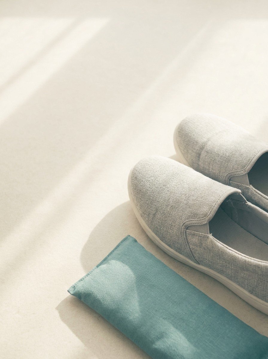 A pair of plain grey walking shoes and a soft teal heat pack on pale stone, upper left of the frame left empty