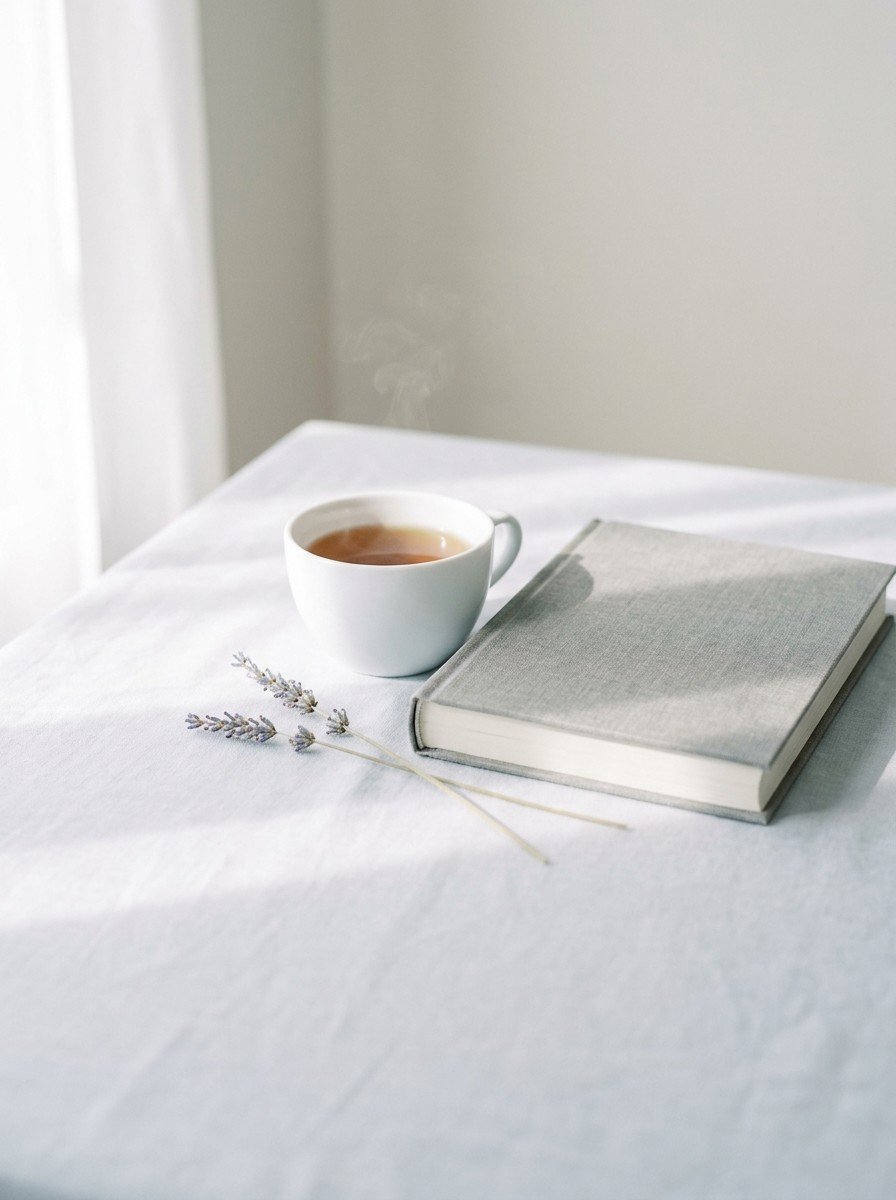 A white cup of warm tea, a closed gray linen-bound book and two dried lavender stems clustered in the middle of pale linen with window shadow