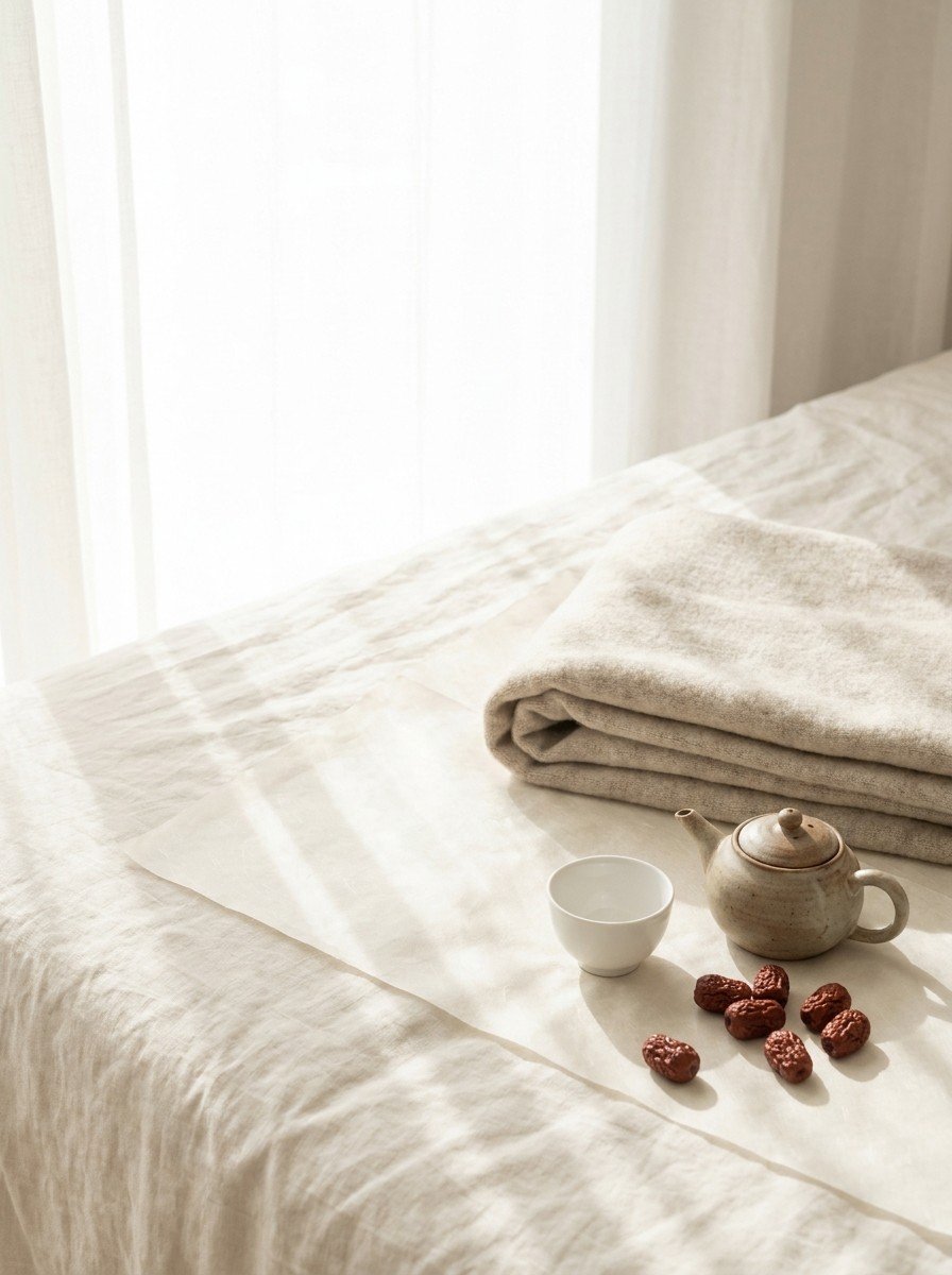 A folded oatmeal wool blanket, a small clay teapot with a white teacup and a few dried jujubes on cream linen and hanji paper, upper left of the frame left empty