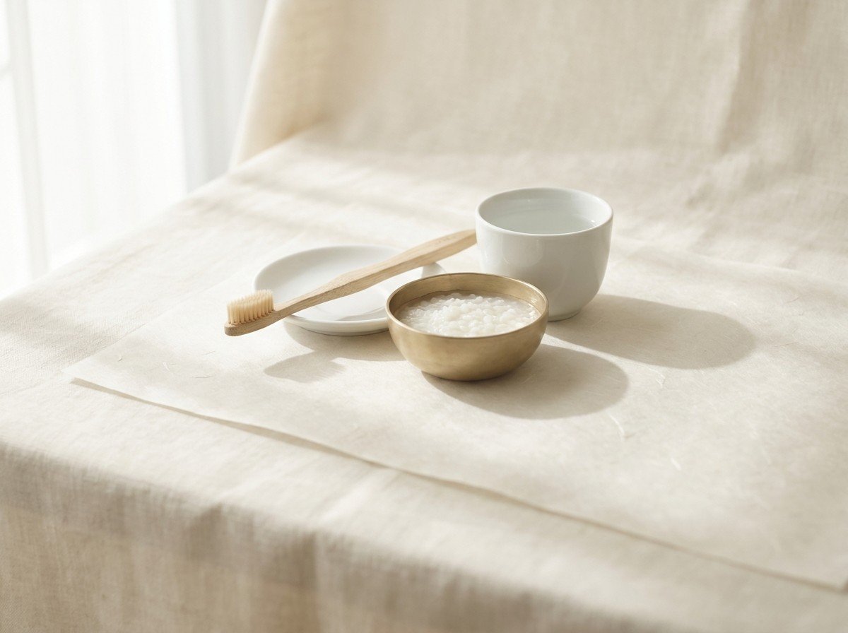 A soft-bristle wooden toothbrush on a white porcelain saucer, a small brass bowl of plain rice porridge and a white cup of water grouped on cream linen and hanji paper in soft window light