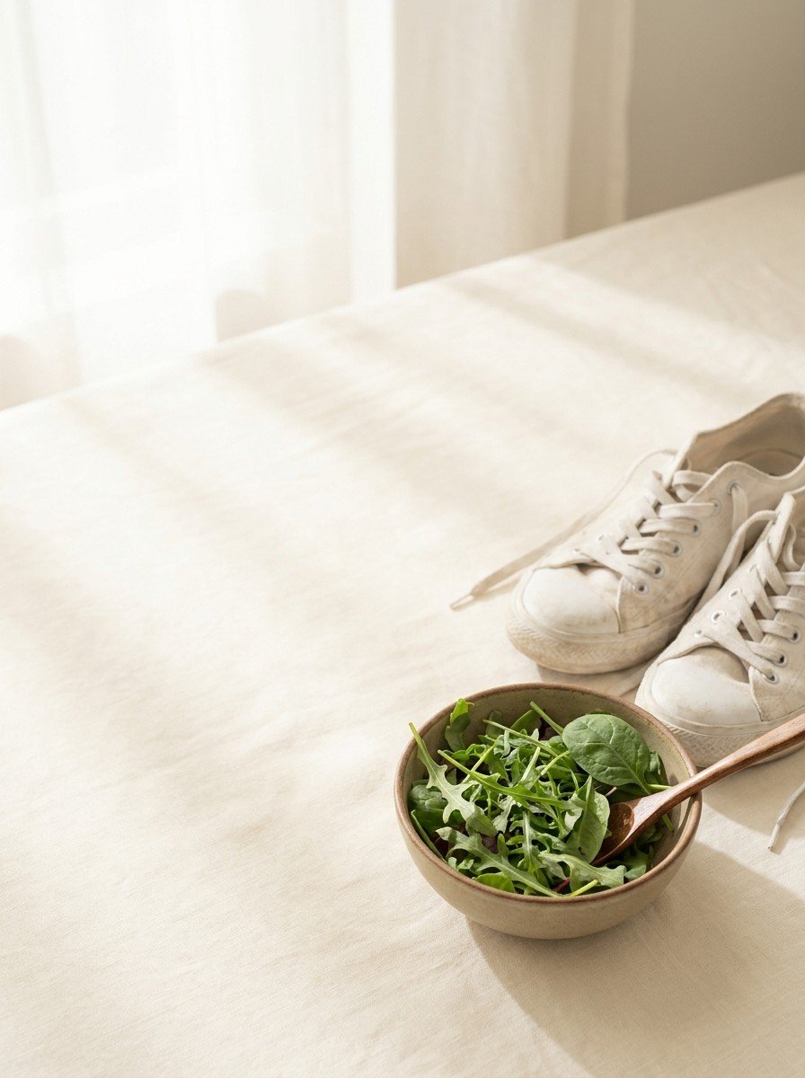 White walking sneakers and a small bowl of leafy greens with a wooden spoon at the lower-right of a cream linen table, the upper-left left empty in soft window light.