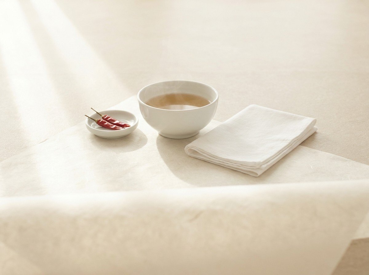 A white porcelain bowl of warm broth, a small dish with two dried red chili peppers and a folded white cotton handkerchief grouped on cream hanji paper in soft window light