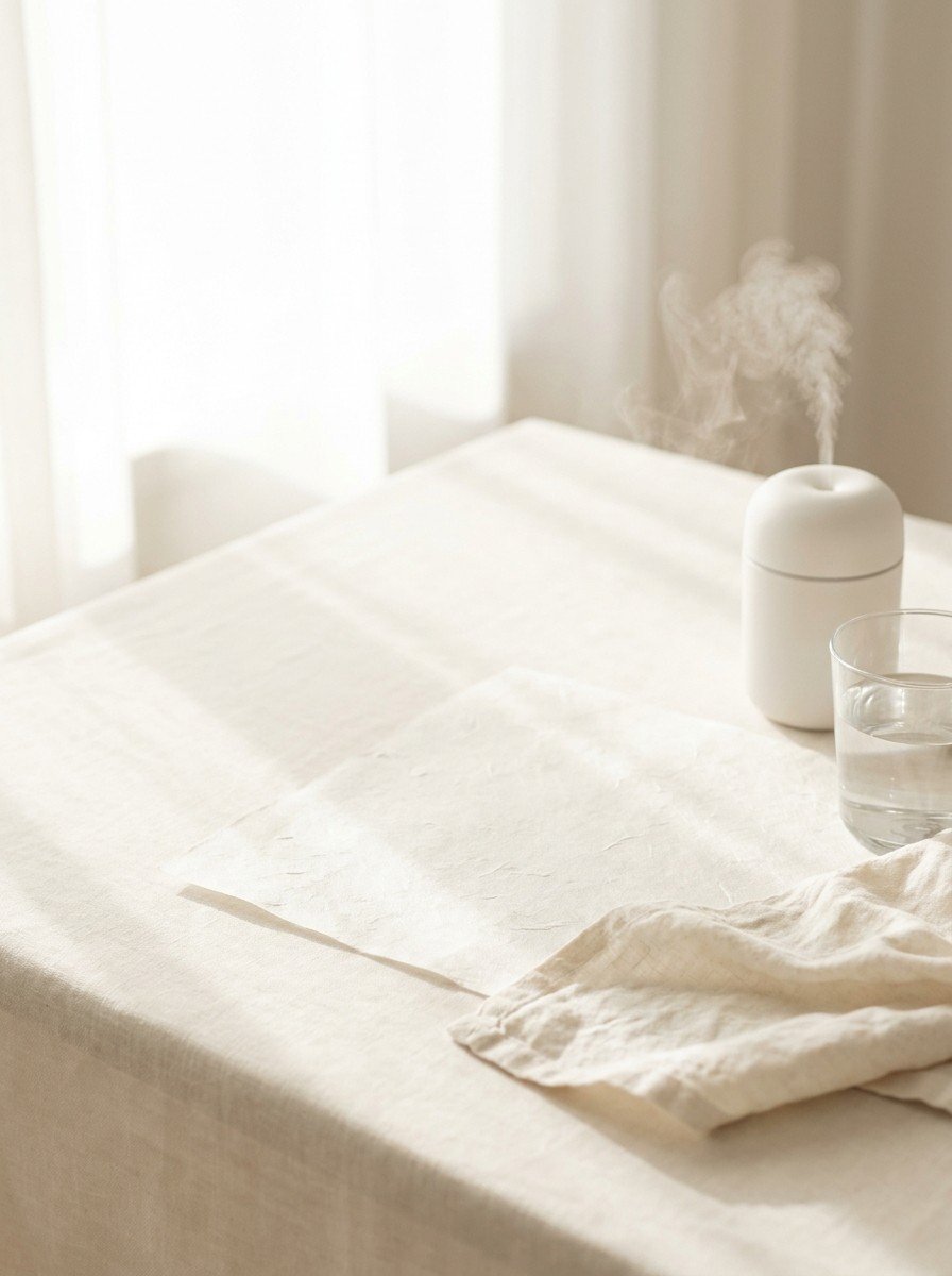 A small white ceramic humidifier releasing mist, a glass of water and a folded cream linen cloth on cream linen and hanji paper, upper left of the frame left empty