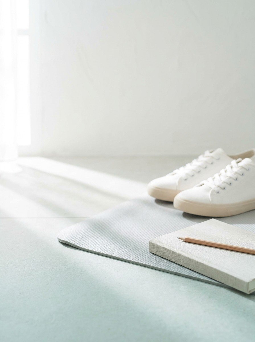A pair of white walking sneakers and a closed notebook with a pencil on a gray mat at the lower right, upper left of the frame left empty