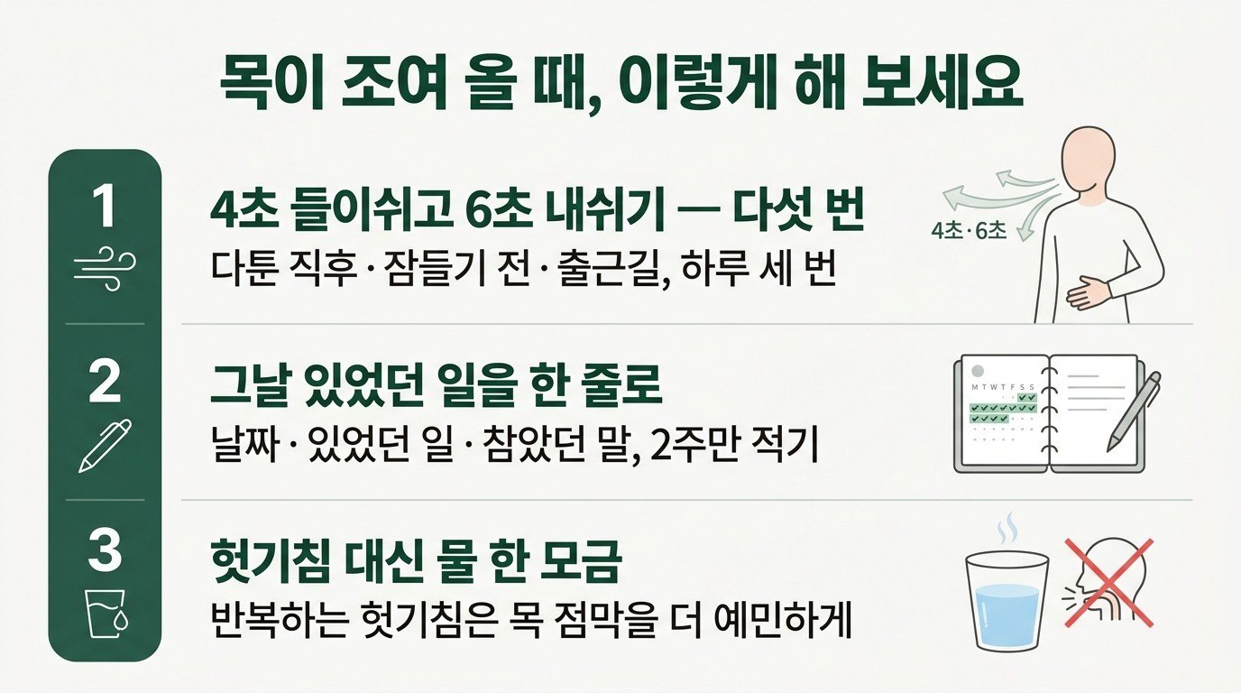 목이 조여 올 때 — 4초 들이쉬고 6초 내쉬기 다섯 번, 한 줄 기록, 헛기침 대신 물 한 모금