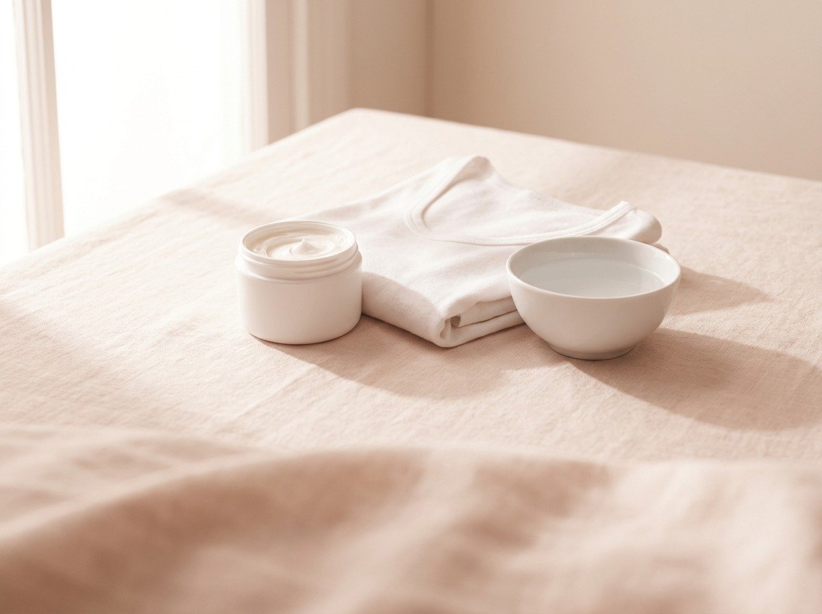 A plain unlabeled white jar of moisturizing cream, a folded soft white cotton undershirt and a small porcelain bowl of lukewarm water clustered on cream-rose linen, lower third empty