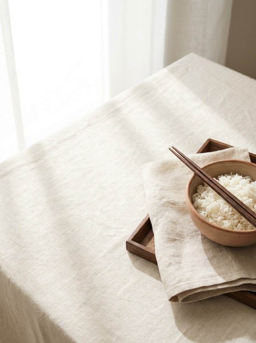 A clay bowl of rice with chopsticks resting across it on a folded linen napkin over a small wooden tray in the lower right of cream linen, upper left empty