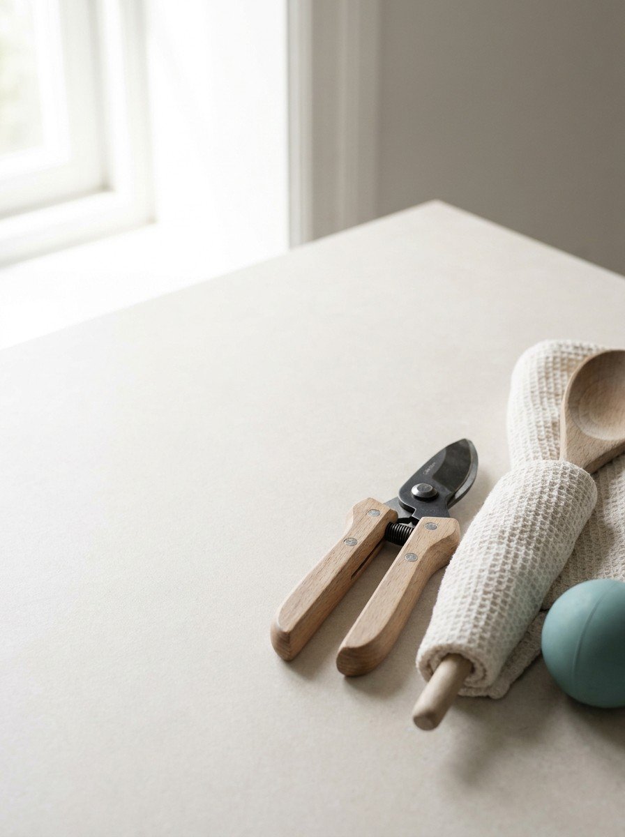 Wooden-handled pruning shears, a towel wrapped thickly around a wooden spoon handle and a teal ball at the lower right of pale stone, upper left left empty