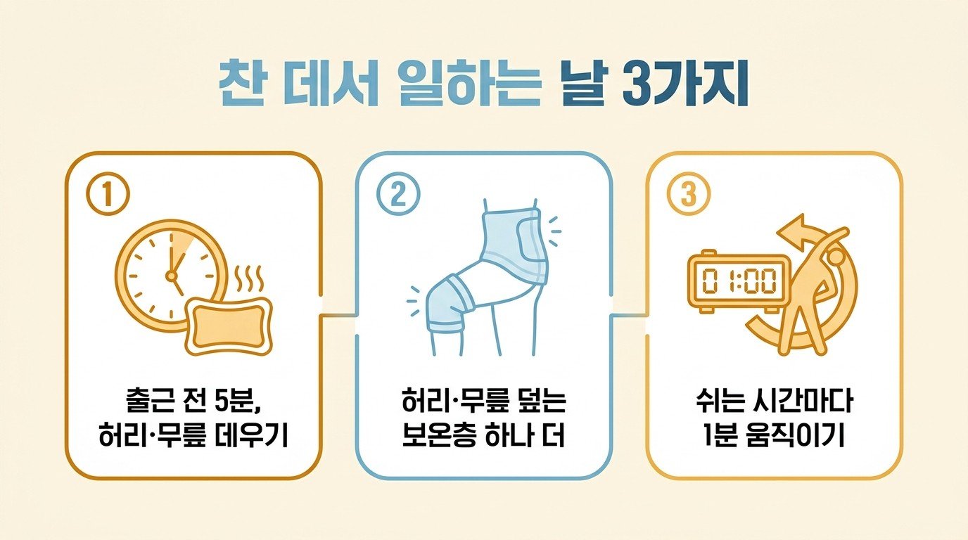 찬 데서 일하는 날 3가지 — 출근 전 5분 허리·무릎 데우기, 보온층 하나 더, 쉬는 시간마다 1분 움직이기