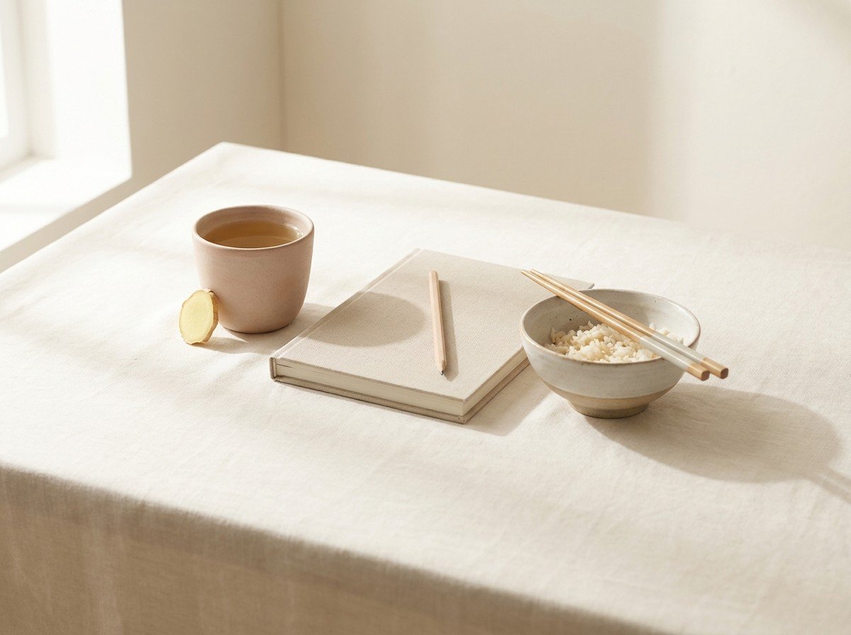 A clay cup of ginger tea with a ginger slice, a closed desk planner with a pencil and a half-finished bowl of rice with chopsticks clustered on cream linen, lower third empty