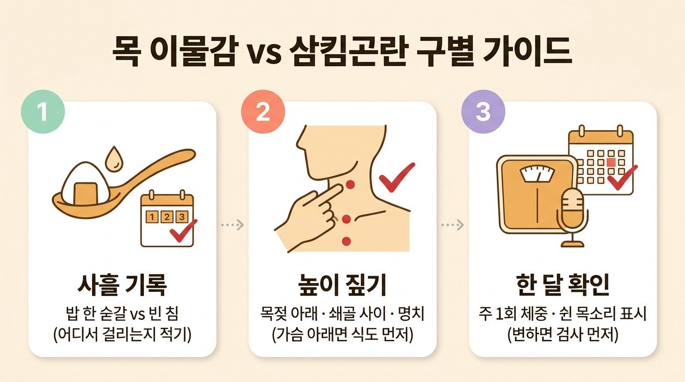 목 이물감과 삼킴곤란 구별 가이드 — 사흘 기록, 높이 짚기, 한 달 확인