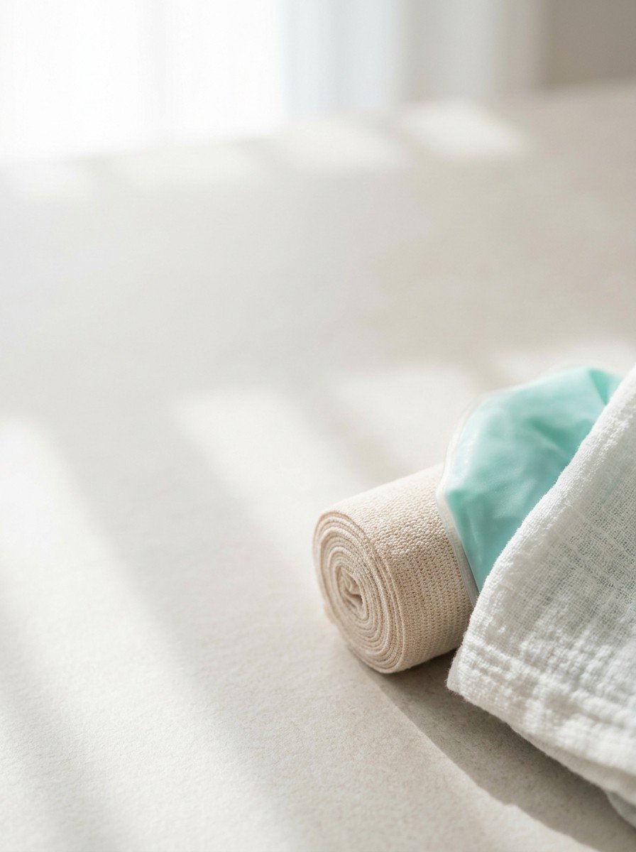 A rolled elastic bandage and a teal ice pack wrapped in a white towel at the lower right of pale stone, upper left of the frame left empty