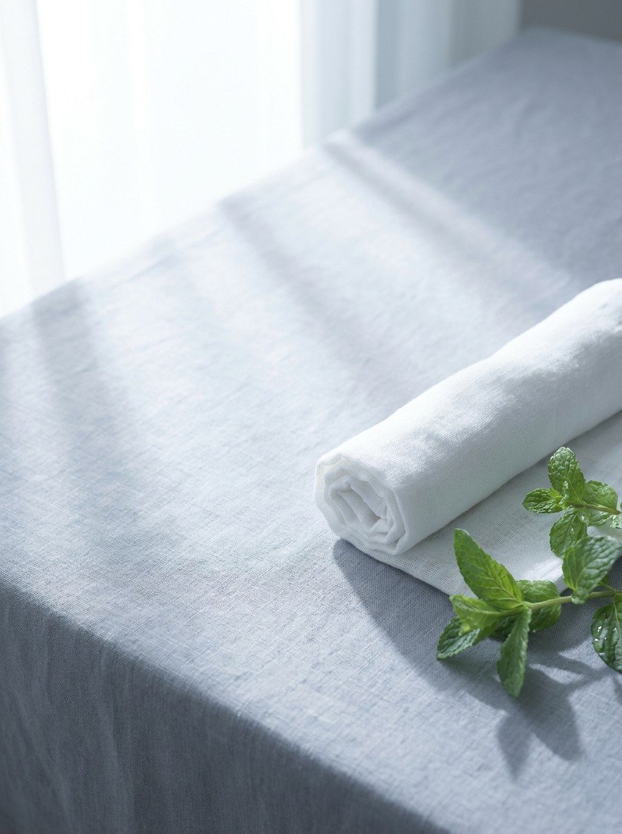 A rolled white cotton neck towel and fresh mint leaves in the lower right of a pale slate-gray linen surface, upper left empty